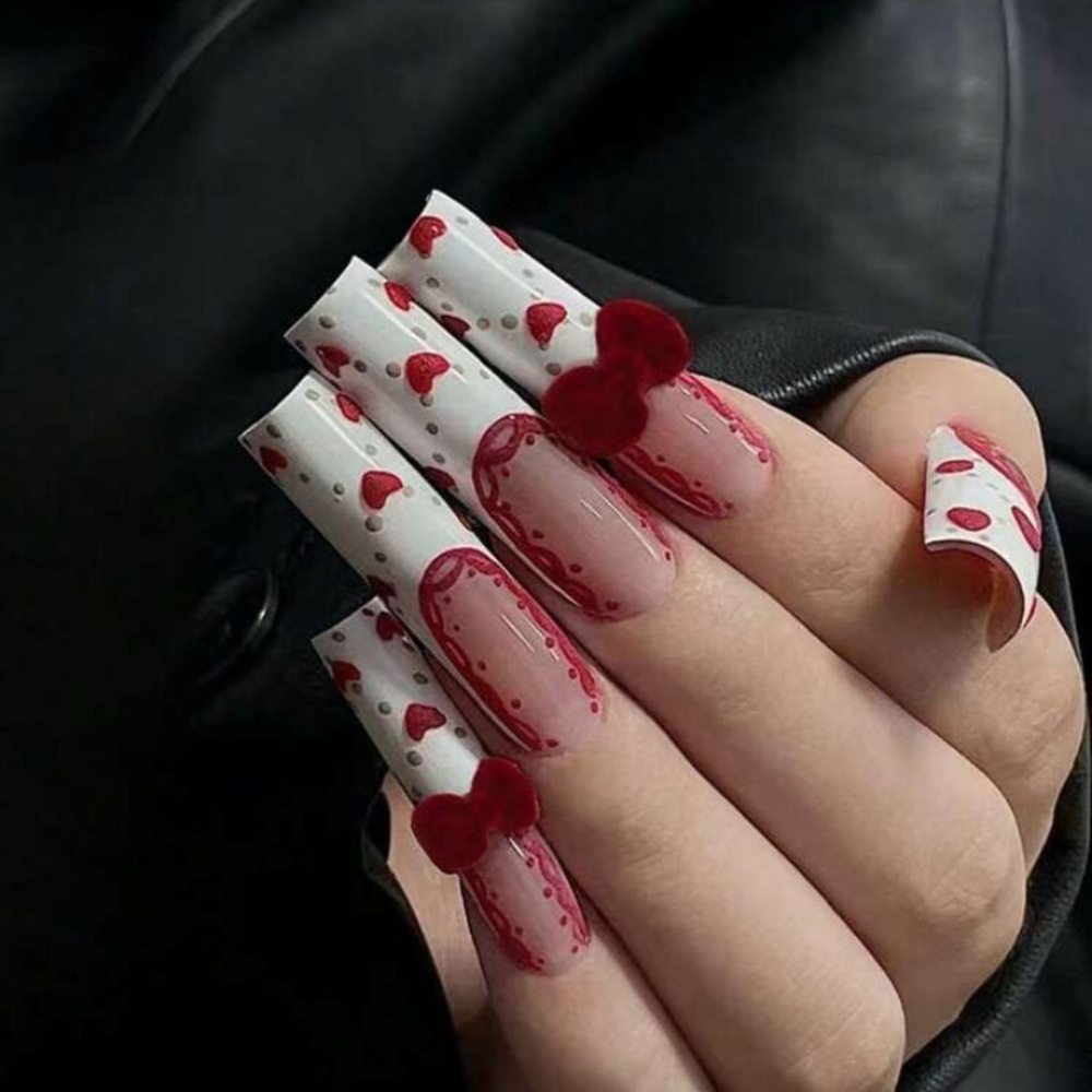 Red and White Heart Press On Nails